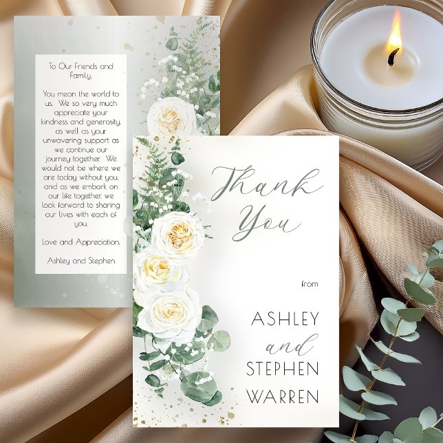 Romantic Sage Green Wedding Thank You Card (Romantic sage green wedding thank you card with white rose bouquet and botanical greenery design)