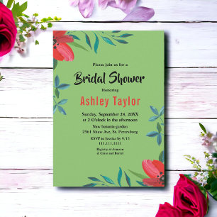 Romantic Sage Red Rose Summer Floral Bridal Shower Invitation