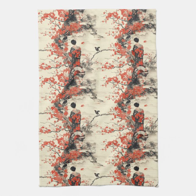 Romantic Sakura Kimono Couple Pattern (2) Kitchen Towel (Vertical)