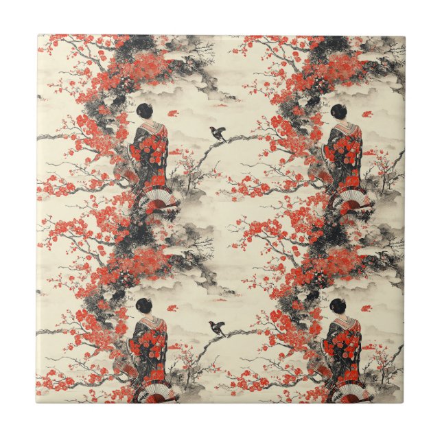 Romantic Sakura Kimono Couple Pattern (2) Tile (Front)