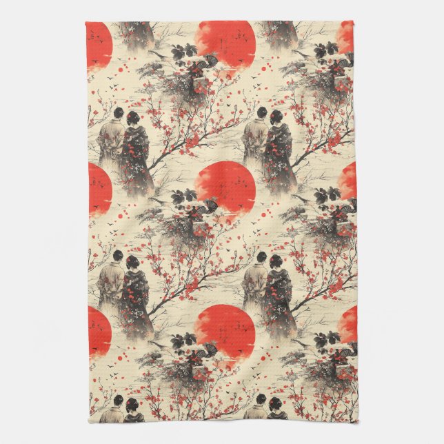 Romantic Sakura Kimono Couple Pattern (3) Kitchen Towel (Vertical)
