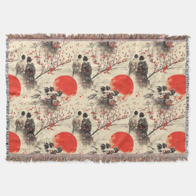 Romantic Sakura Kimono Couple Pattern (3) Throw Blanket (Front)