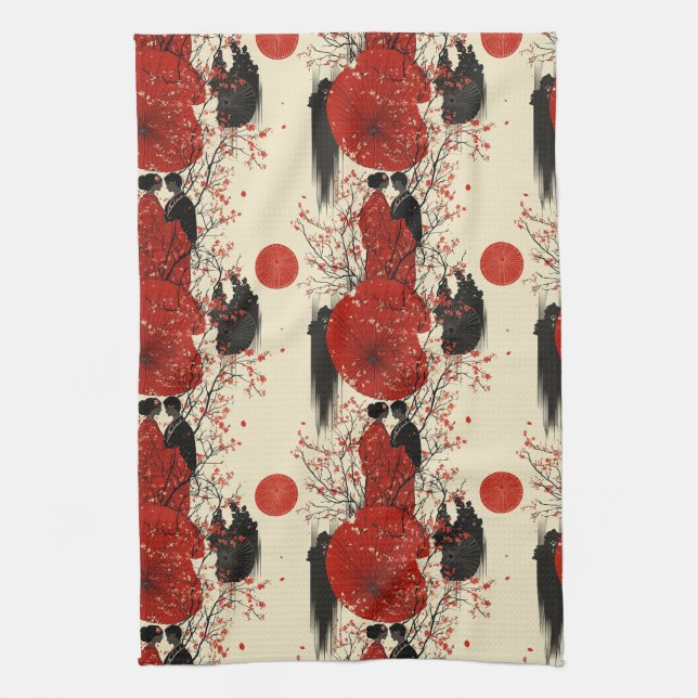 Romantic Sakura Kimono Couple Pattern (4) Kitchen Towel (Vertical)