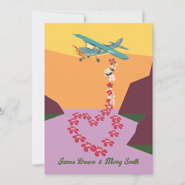 Romantic Scene Airplane Flowers Heart Wedding Invitation (Front)