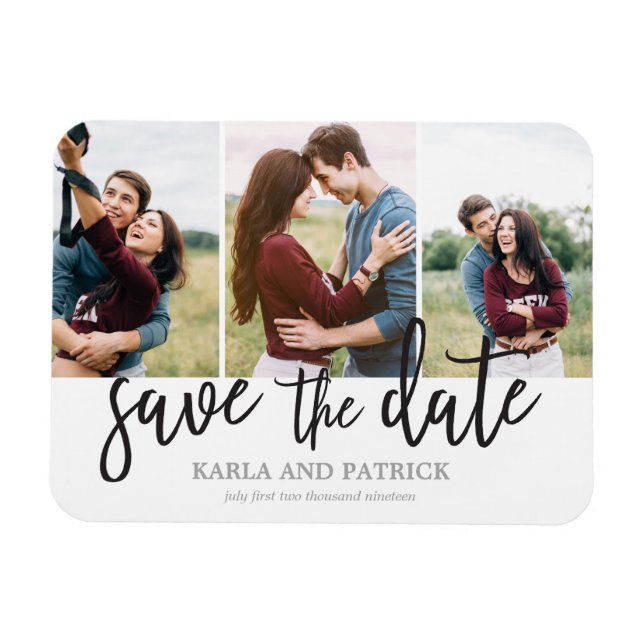 Romantic Script 3 Photo Collage Save The Date Magnet (Horizontal)
