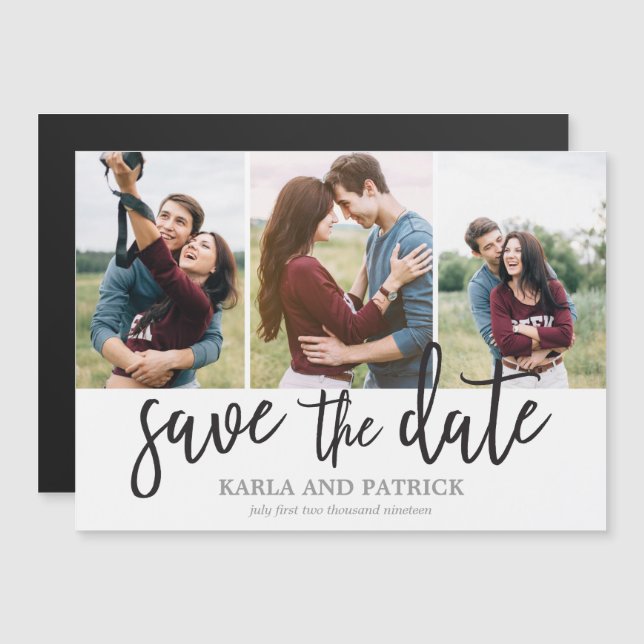Romantic Script 3 Photo Collage Save The Date Magnetic Invitation (Front/Back)