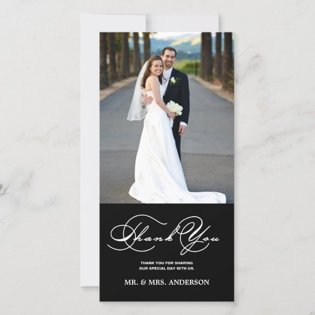 ROMANTIC SCRIPT BLACK WEDDING THANK YOU PHOTO CARD (Front)