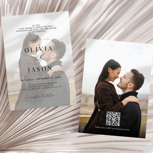 Romantic Script Black White Photo QR Code Wedding Invitation (Creator Uploaded)