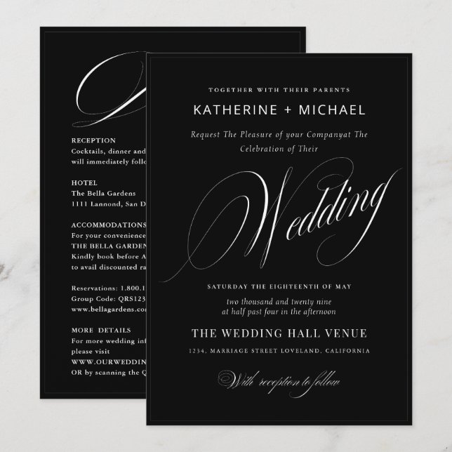 Romantic Script Calligraphy&Details QRcode Wedding Invitation (Front/Back)