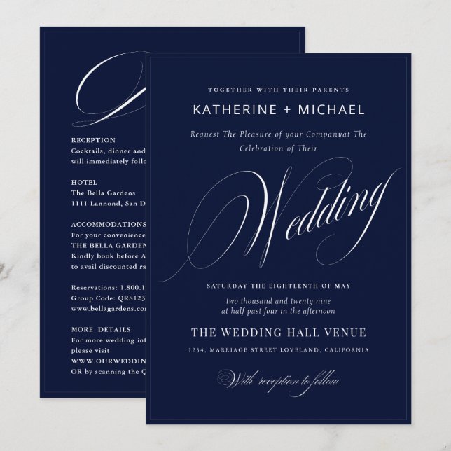 Romantic Script Calligraphy&Details QRcode Wedding Invitation (Front/Back)