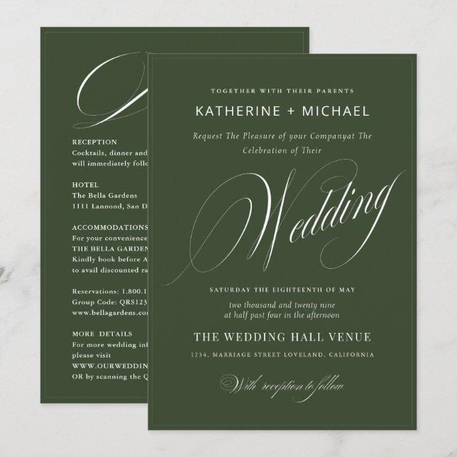 Romantic Script Calligraphy&Details QRcode Wedding Invitation (Front/Back)