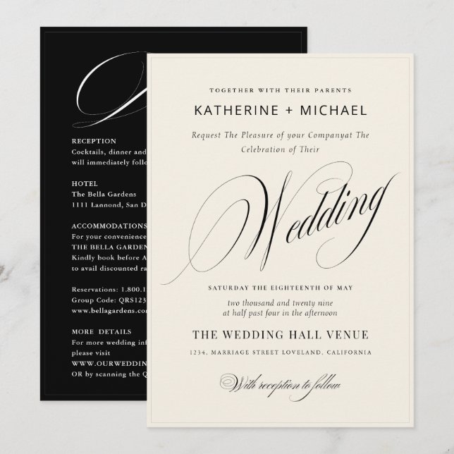 Romantic Script Calligraphy&Details QRcode Wedding Invitation (Front/Back)