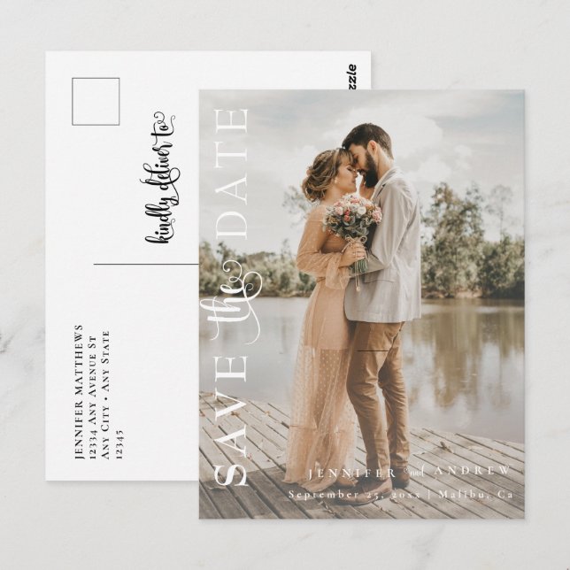 Romantic Script | Calligraphy Save the Date Postcard (Front/Back)
