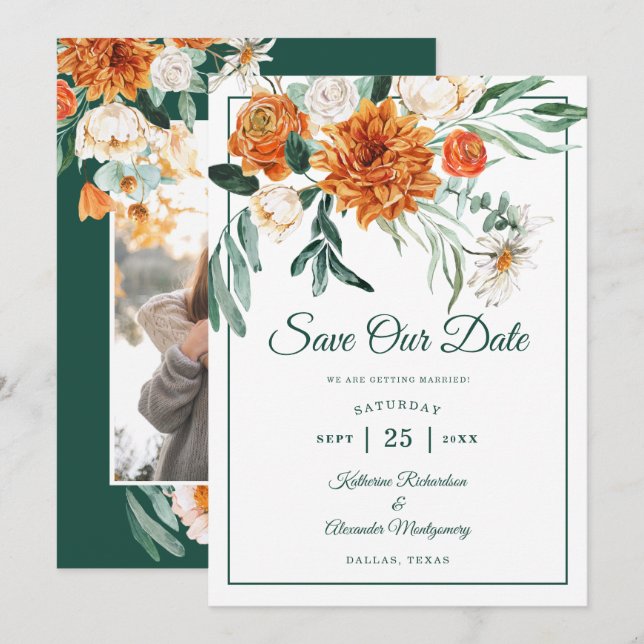 Romantic Script Green Autumn Floral Wedding Photo Save The Date (Front/Back)
