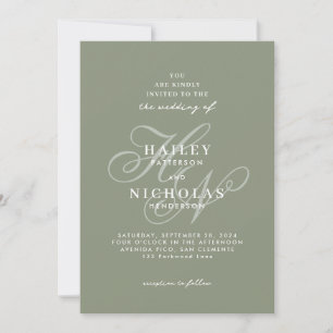 Romantic Script Monogram Sage Green Wedding Invitation