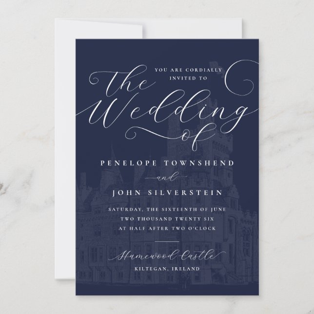 Romantic Script Navy Castle Illustration Wedding Invitation (Front)