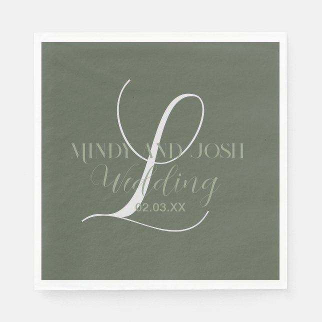 Romantic Script Sage Green Initial Wedding Napkin (Front)