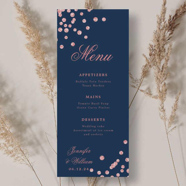 Romantic Script Wedding Confetti Rose Gold Navy  Menu (Romantic Script Wedding Confetti Rose Gold Navy Menu)