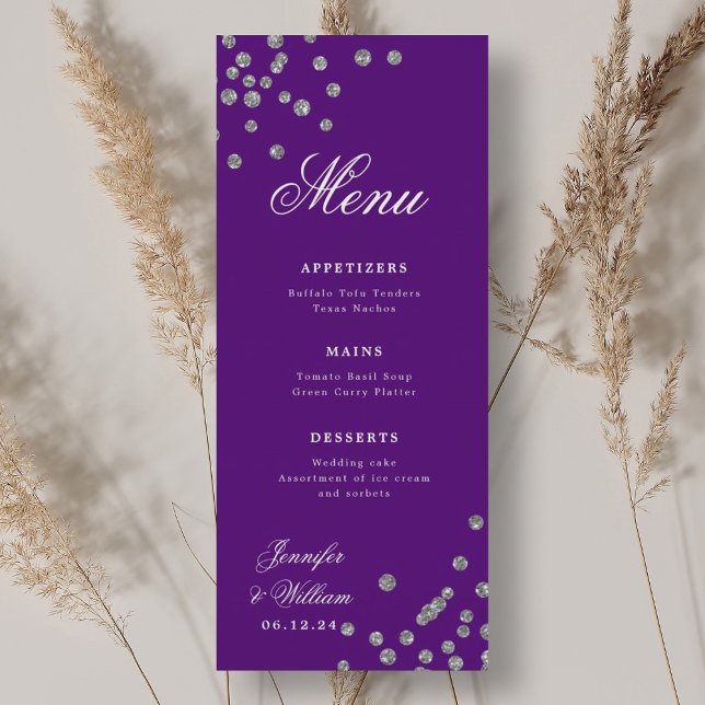 Romantic Script Wedding Confetti Silver Purple  Menu (Romantic Script Wedding Confetti Silver Purple Menu)