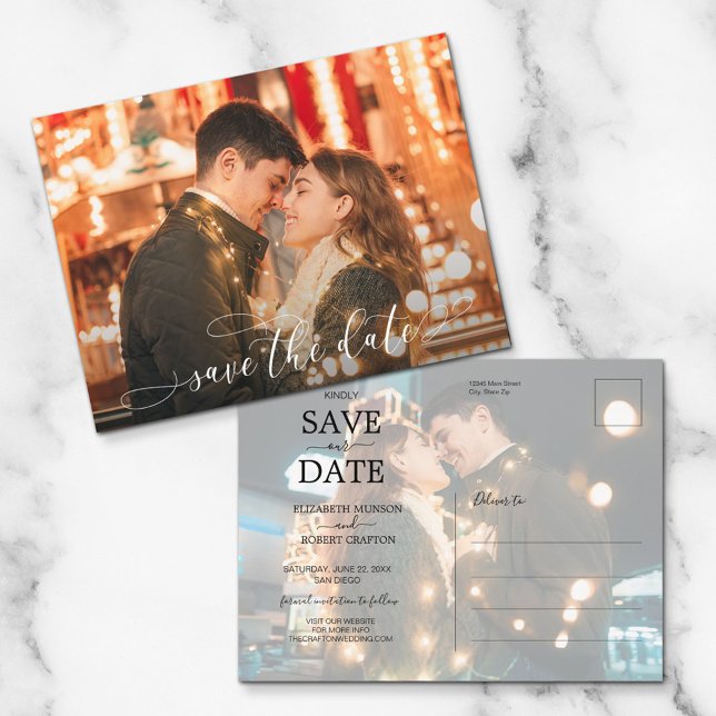 Romantic Script Wedding Photo Save the Date Announ Announcement Postcard (Creator Uploaded)