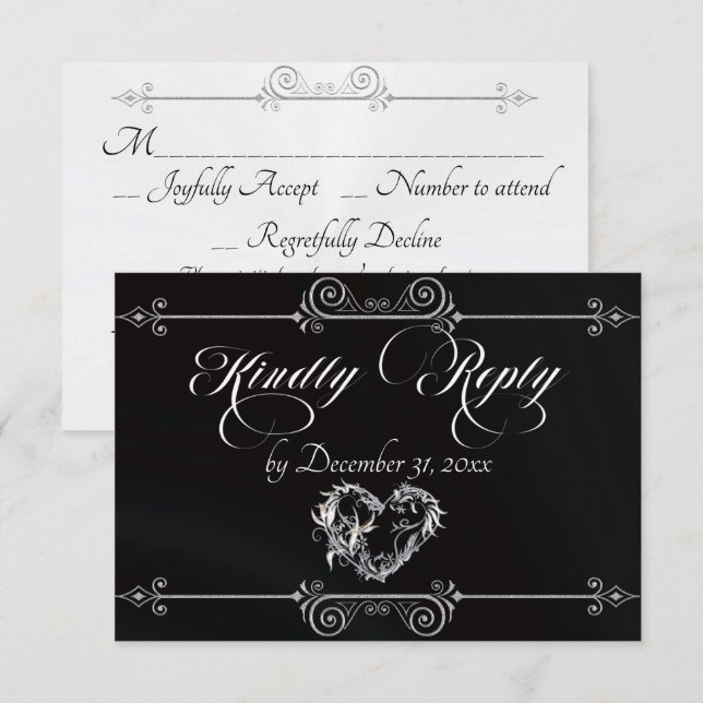 Romantic Scroll Heart - Black RSVP Card (Front/Back)