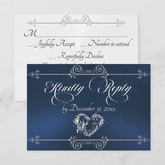 Romantic Scroll Heart - Blue RSVP Card (Front/Back)