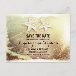 Romantic sea foam & starfish couple save the date announcement postcard