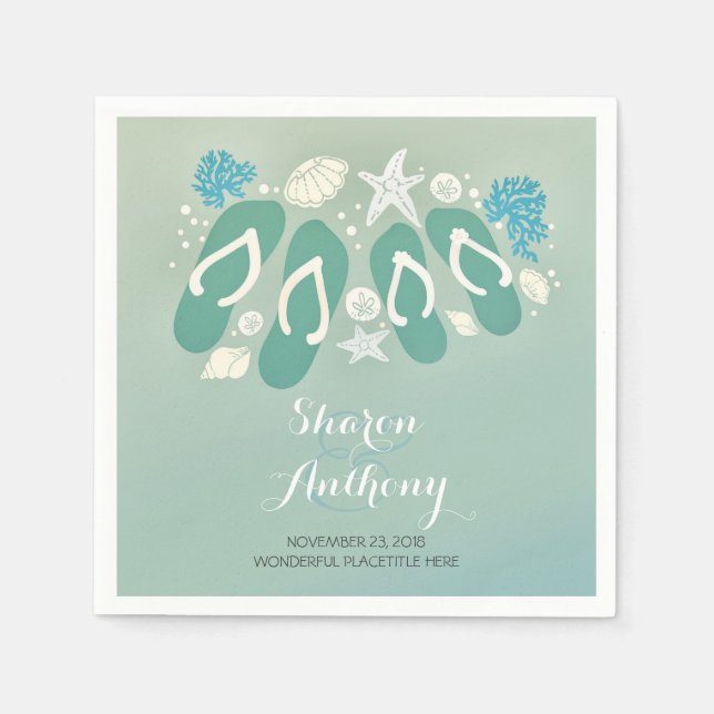 Romantic Sea Glass Blue Beach flip flops Wedding Napkin (Front)