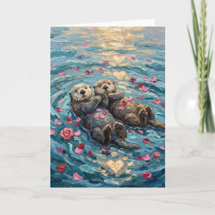 Romantic Sea Otters Holding Hands While Swimming Holiday Card