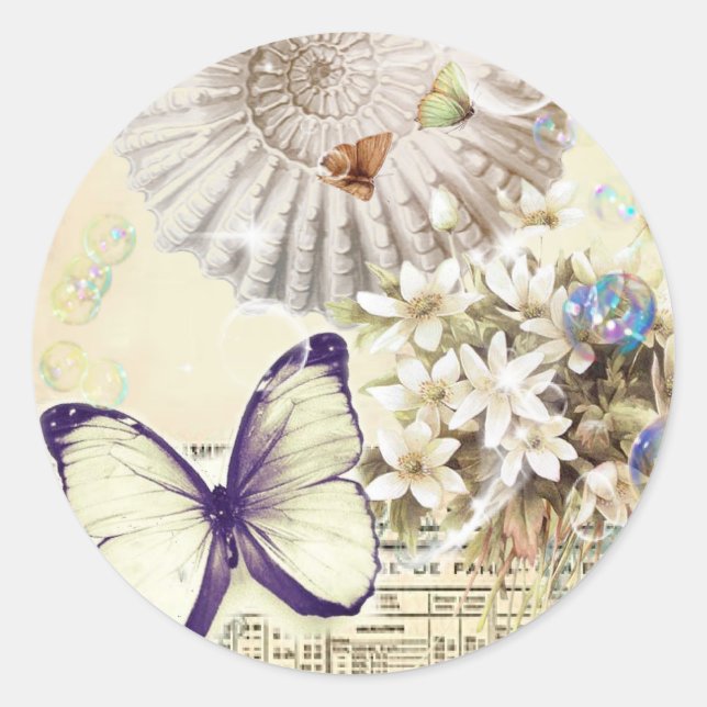 romantic seashells butterfly botanical wedding classic round sticker (Front)