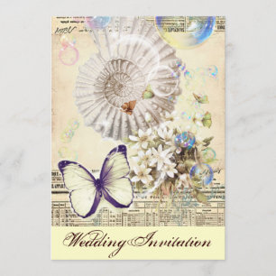 romantic seashells butterfly botanical wedding invitation
