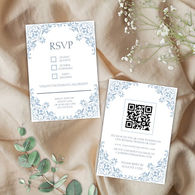 Romantic Shabby Chic Blue and White RSVP Card (Romantic blue and white shabby coastal chic elegant qr code wedding rsvp cards for vintage classic)