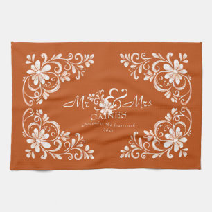 Romantic Shabby Chic Burnt Orange Mr Mrs Newlywed Kitchen Towel