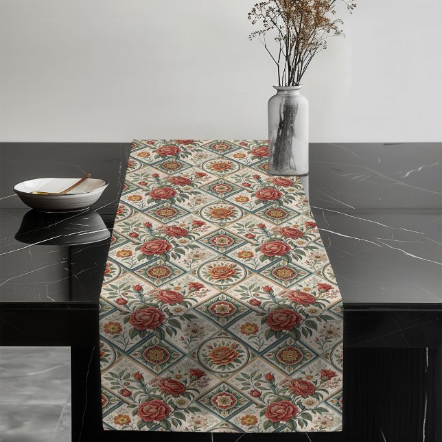 Romantic Shabby Chic Red Roses and Green Tiles Long Table Runner (Romantic Shabby Chic Red Roses and Green Tiles Long Table Runner)