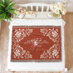 Romantic Shabby Chic Red Rust Mr & Mrs Floral Throw Blanket