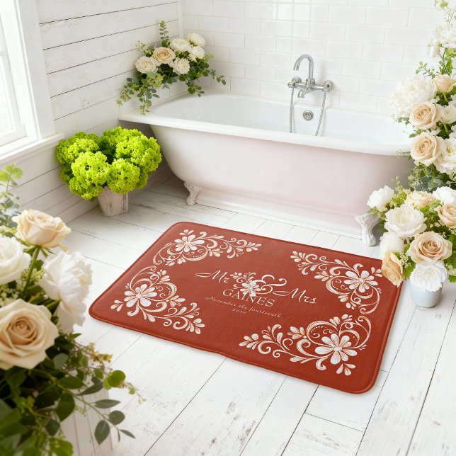Romantic Shabby Chic Red Rust Mr Mrs Newlywed Bath Mat (Creator Uploaded)