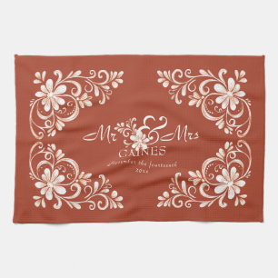 Romantic Shabby Chic Red Rust Mr Mrs Newlywed Kitchen Towel