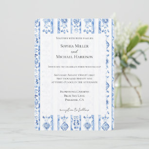 Romantic Sicily Italian Rustic Blue Stripe Wedding Invitation