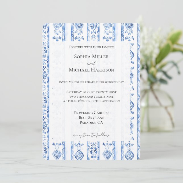 Romantic Sicily Italian Rustic Blue Stripe Wedding Invitation (Standing Front)