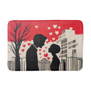Romantic Silhouette Couple Cityscape Hearts Bath Mat