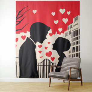 Romantic Silhouette Couple Cityscape Hearts Tapestry