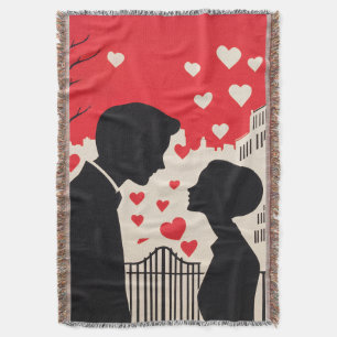 Romantic Silhouette Couple Cityscape Hearts Throw Blanket