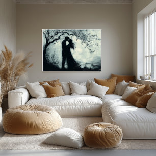 Romantic Silhouette Couple Under Tree Monochrome Poster