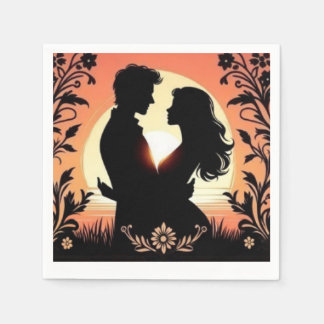 Romantic Silhouette: Lovers' Moonlit Embrace Napkin