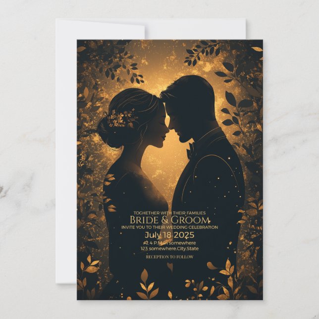 Romantic Silhouette with Elegant Gold Background Invitation (Front)