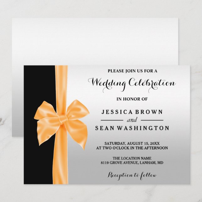Romantic Silk Bow Silver & Black Wedding Invitation (Front/Back)