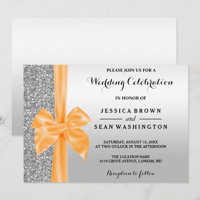 Romantic Silk Bow Silver Glitter & Black Wedding Invitation (Front/Back)