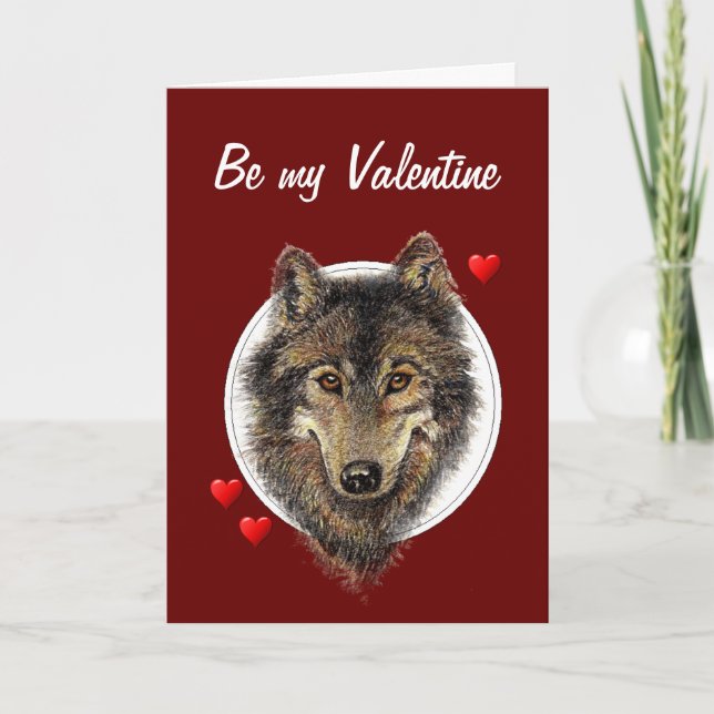 Romantic Silly Watercolor Wolf Valentine Holiday Card (Front)
