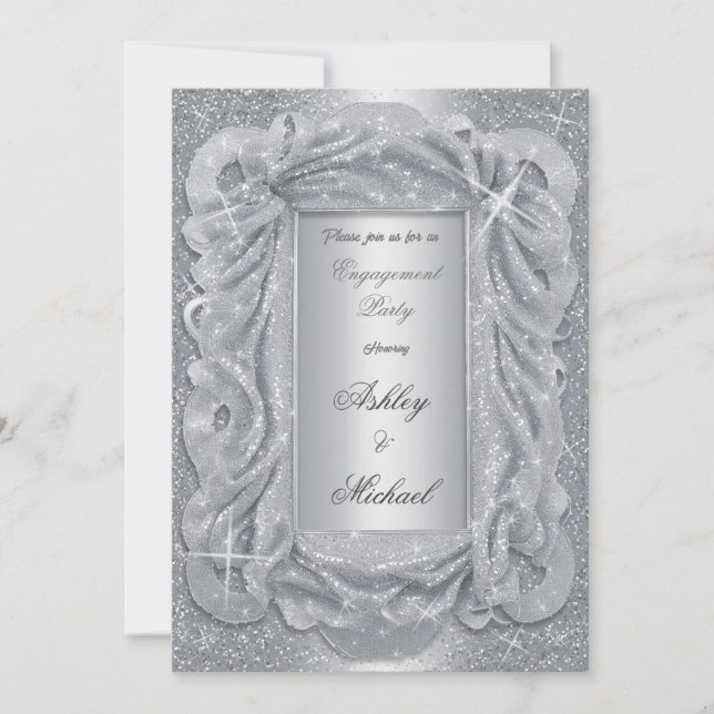 romantic silver chiffon sparkly shine glitter  invitation (Front)