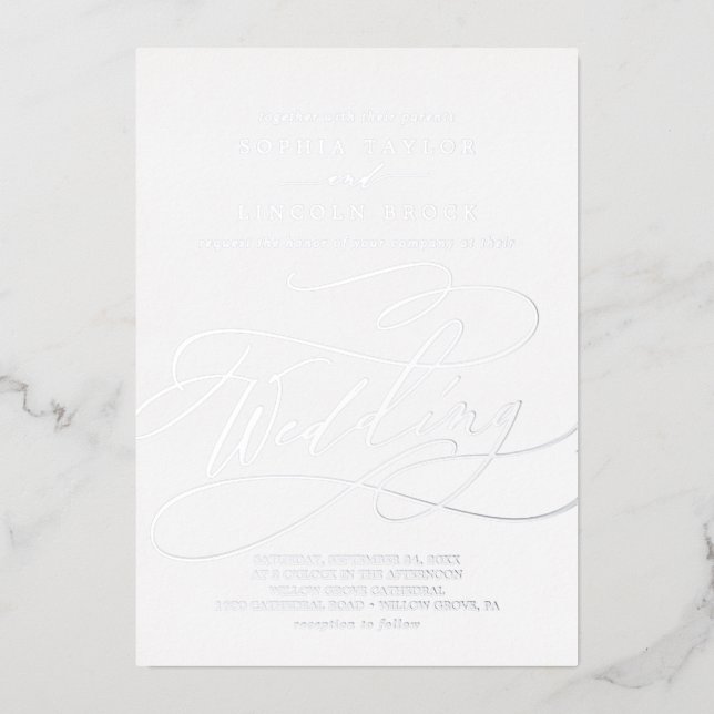 Romantic Silver Foil Calligraphy Flourish Wedding (Front)